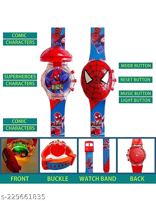 Multicolor LED digital watch for kids, featuring spider-men characters, glows in the dark, plays music tunes
