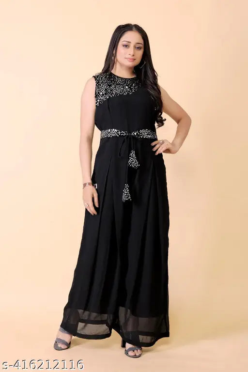 Elegant Georgette chic jumpsuit, sleeveless embroidered net, Indian made