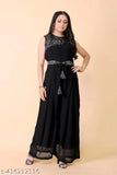 Elegant Georgette chic jumpsuit, sleeveless embroidered net, Indian made