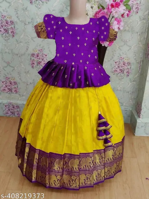 Acrylic and jacquard zari stitched net lehenga choli set for kids, vibrant Indian traditional attire for festivals and parties