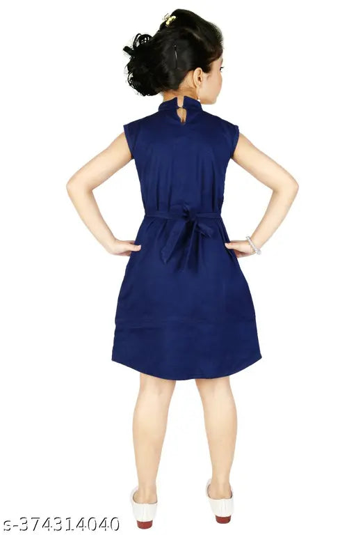 Denim sleeveless dress for little girls, printed net pattern, sizes: 3-4yrs, 4-5yrs, 5-6yrs, handcrafted in India