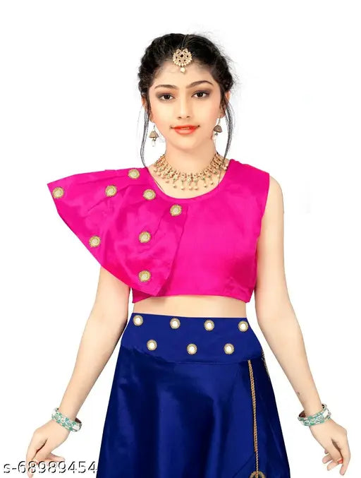 Tussar silk Lehenga and taffeta silk Dupatta for kids, embellished mirror work design, Indian ethnic dress set on display