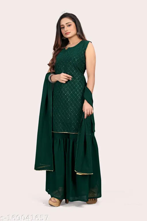 Green Georgette Kurta & Sharara Set with Embellishments - Traditional Indian Women's Dress (S)