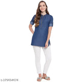 Dark blue denim tunic, trendy for women by Ayrin. Solid design with three-quarter sleeves, S-XXXL sizes available