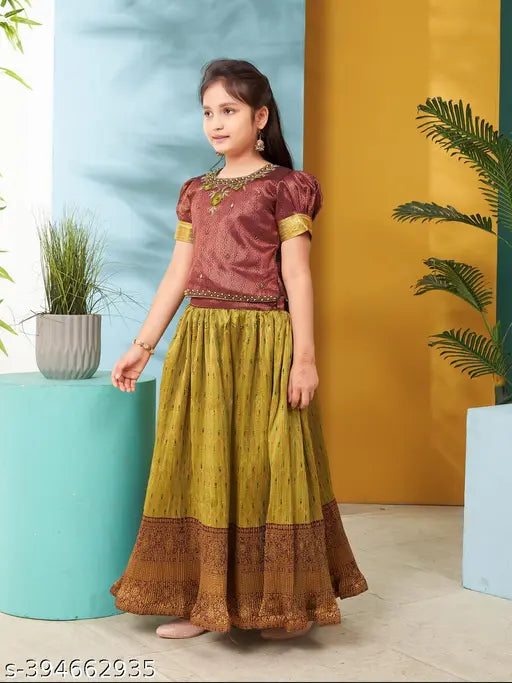 Aarika Girls embroidered maroon and green lehenga cholis, handcrafted brocade with lace work for contemporary Indian fashion (5-6 years: waist 29in, length 25in)