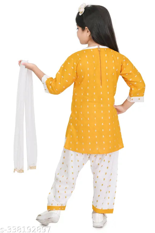 Yellow rayon kurta pant set for girls party, three-quarter sleeves, Lovely Fashion Kids partywear