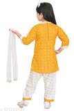 Yellow rayon kurta pant set for girls party, three-quarter sleeves, Lovely Fashion Kids partywear