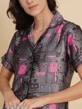 Dark grey quirky print satin night suit, women's pyjamas set with short sleeves and notch collar, made in India