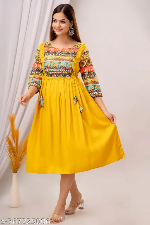 Rayon print Anarkali Kurti, three-quarter sleeve, embroidered, suitable for women and girls everyday wear, India origin