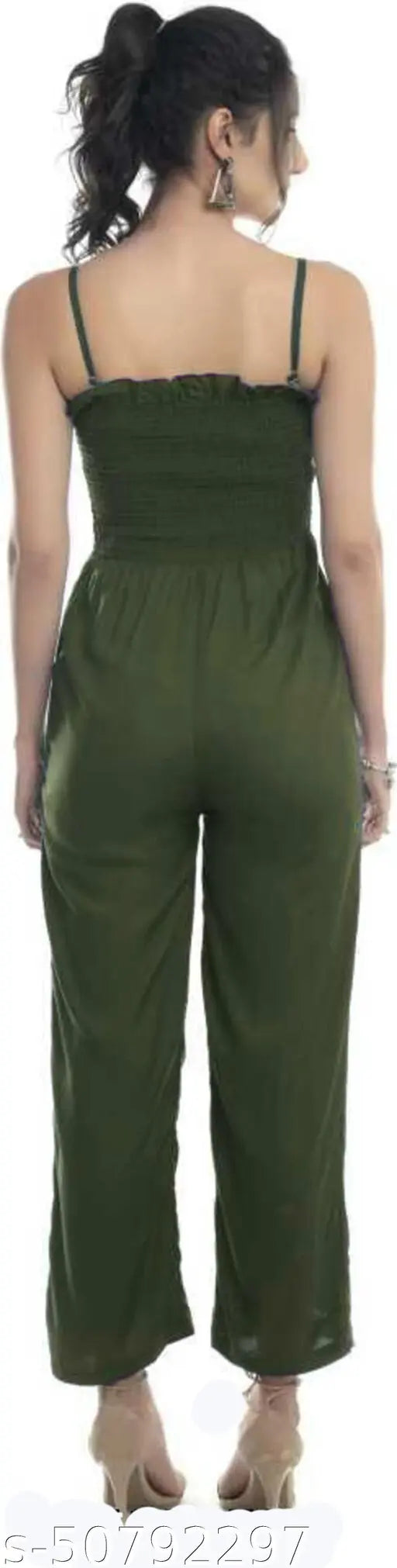 Olive green rayon jumpsuit for women, ankle length solid design, machine washable - India origin