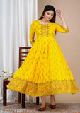 Yellow rayon three-quarter sleeve anarkali kurta with printed combo, women's long kurti from India