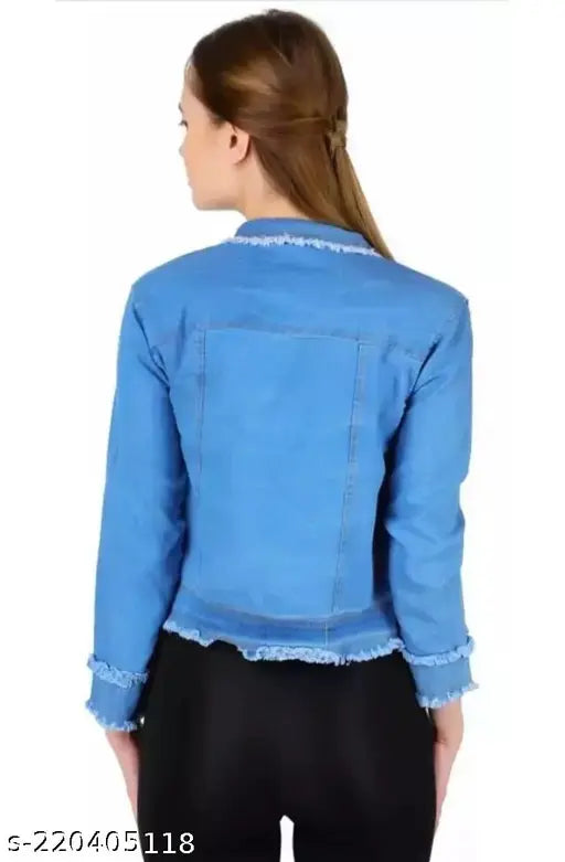 Blue denim jacket for women and girls, solid pattern, long sleeves, pack of 1 (XXS: 28in bust, 18in length; XS: 30in bust, 19in length; S: 32in bust, 20in length; M/L: 34in-36in bust, 21in length) - DenimBird's versatile denim jacket collection