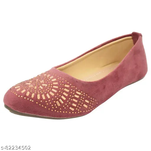 Synthetic pink ballerina flats with embossed suede design, slip-on style for women's belly, size 126 from India