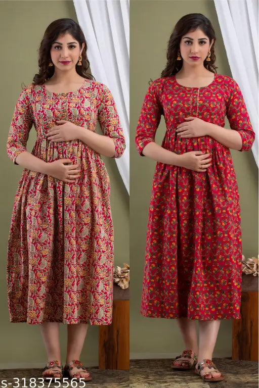 Pure cotton maternity Anarkali gowns (2-piece combo), adjustable, breathable, side zip feeding dresses, for pregnancy and breastfeeding, India origin