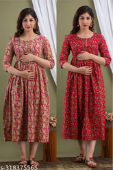 Pure cotton maternity Anarkali gowns (2-piece combo), adjustable, breathable, side zip feeding dresses, for pregnancy and breastfeeding, India origin