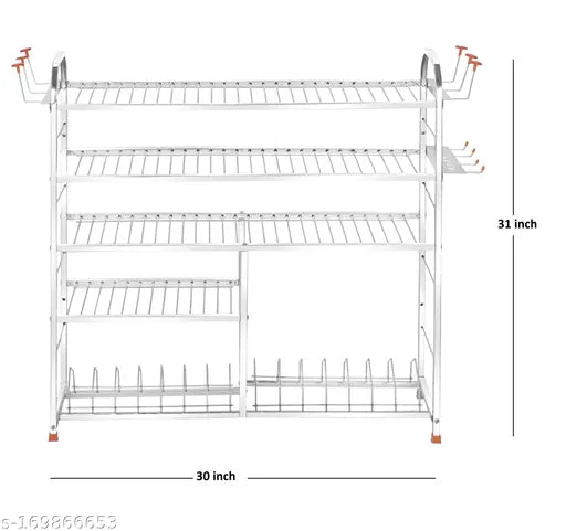 Stainless steel 5-shelf kitchen organizer, WINSTAR brand. Spacious modular rack for plates and cutlery storage, 30L x 31H inches