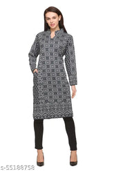 Navy blue wool A-line printed kurti, long sleeves, elegant designwear for women