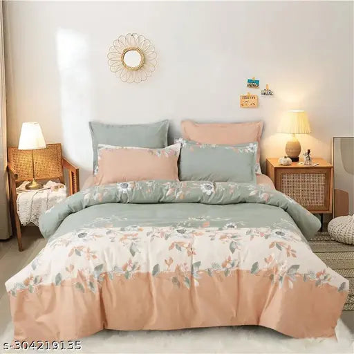 Premium cotton elastic fitted bedsheets with 2 pillow covers, double bed (78x728 inches), supersoft 220 TC, botanical print, ideal for summer, easy tuck-in on heavy mattresses