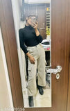 Cream cotton lycra four-pocket cargo trousers with slanted inset flap pockets, high rise and straight fit for casual and formal wear