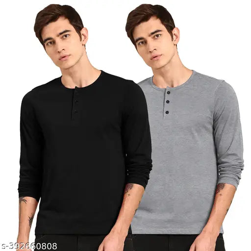 Indian-made cotton blend solid Henley full sleeve combo T-Shirt pack of 2 - XL & XXL sizes