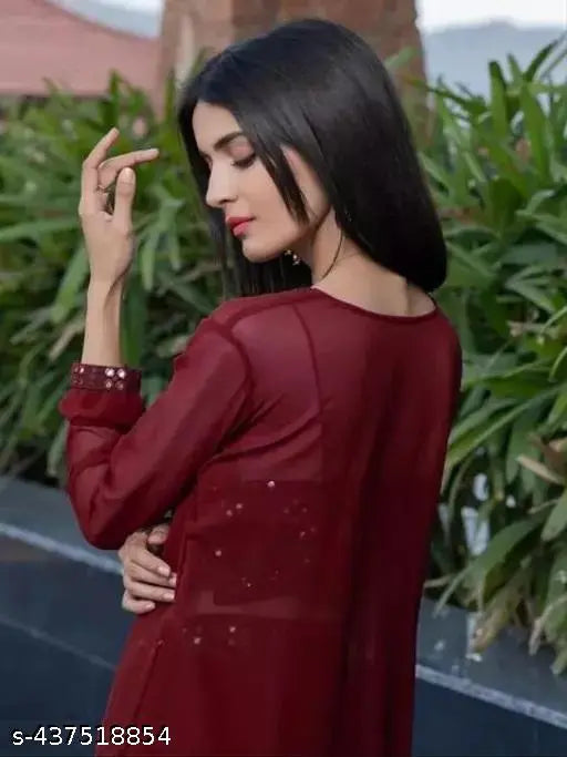 Indian Georgette crop top with mirror work embroidery, three-quarter sleeves