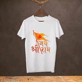 Polyester round neck half-sleeve t-shirt featuring self-design print of Jai Shree Ram, perfect for everyday wear in S, M, L, XL sizes (36in, 38in, 40in, 42in chest). Indian made