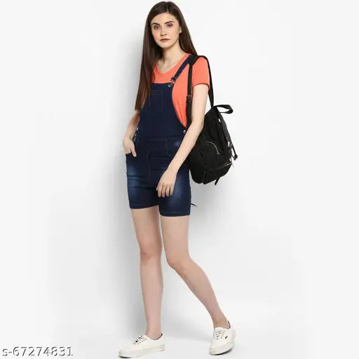 Navy blue solid strapless denim jumpsuit for women, sleeveless with stretchable fabric, size S-XL