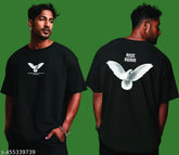 Men's cotton lycra oversized t-shirt with printed sleeves. Relaxed fit, street style essential from India. M size (chest 19", length 27")