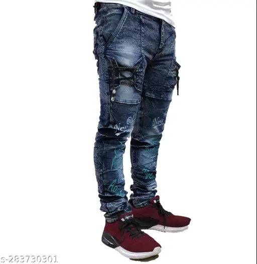 Men's cotton blend funky jeans - solid color, casual wear with comfortable pockets, made in India (size 28, 30, or 32 waist and length 41in)