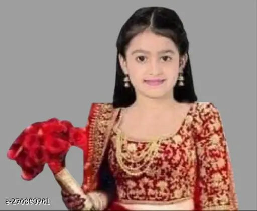 Red velvet lehenga choli with traditional embroidery, best for kids' party wear. High-quality velvet and net fabric