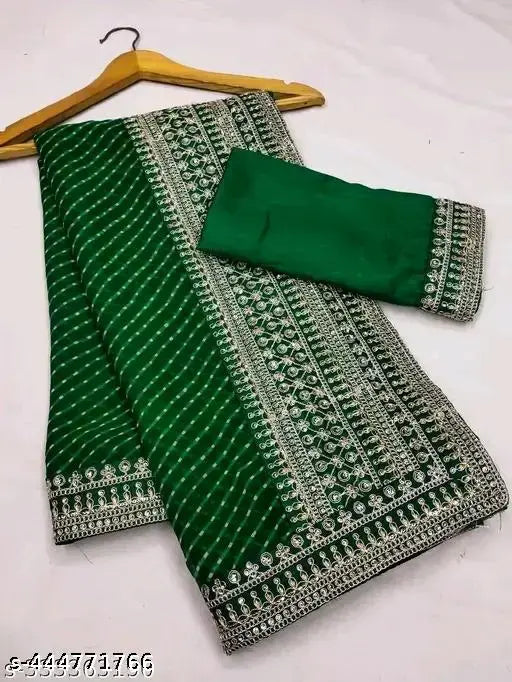 Green Georgette saree with Zari woven Leheriya print and embroidery, free size (saree length 5.5m, blouse length 0.8m), made in India