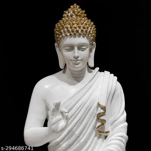 White resin Lord Gautam Buddha meditating statue, 36cm x 45cm x 24cm, handcrafted home decor showpiece for gifts and peaceful ambiance