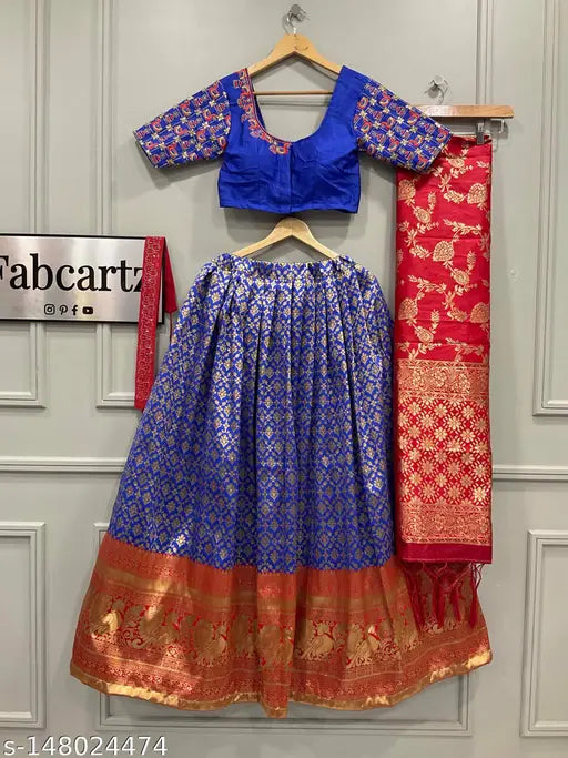 Art Silk half saree lehenga, satin choli with ethnic motif embroidery, unstitched (Lehenga: 44waist x 41length, Dupatta: 2.25M), tussled dupatta and belt included, Indian designer collection, ready to ship