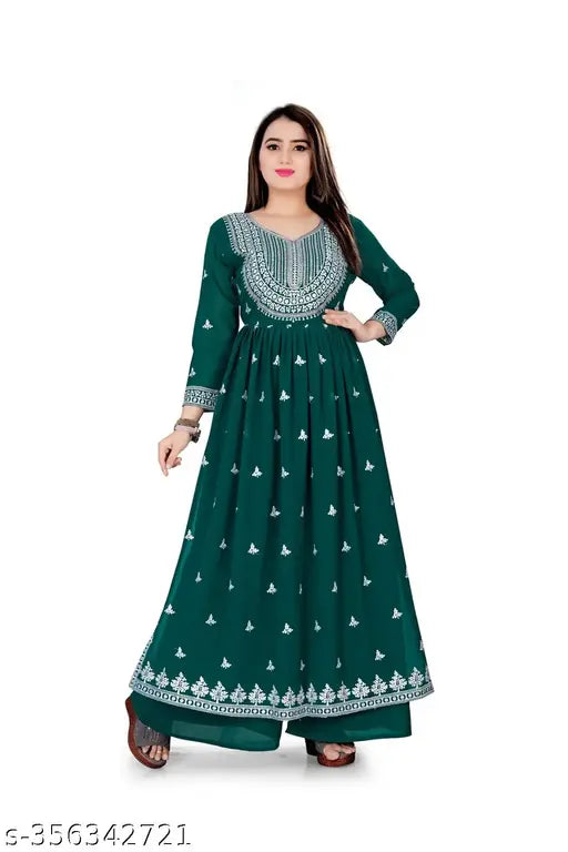 Georgette embroidered Nayra cut straight-fit gown with palazzos, three-quarter sleeves, enhances with resham, zari, and lace work. Single size in dark green, accessory for presentation purposes only