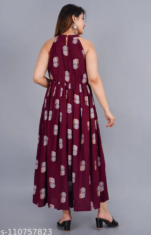 Peacock feather rayon anarkali kura, vibrant printed sleeveless dress from India