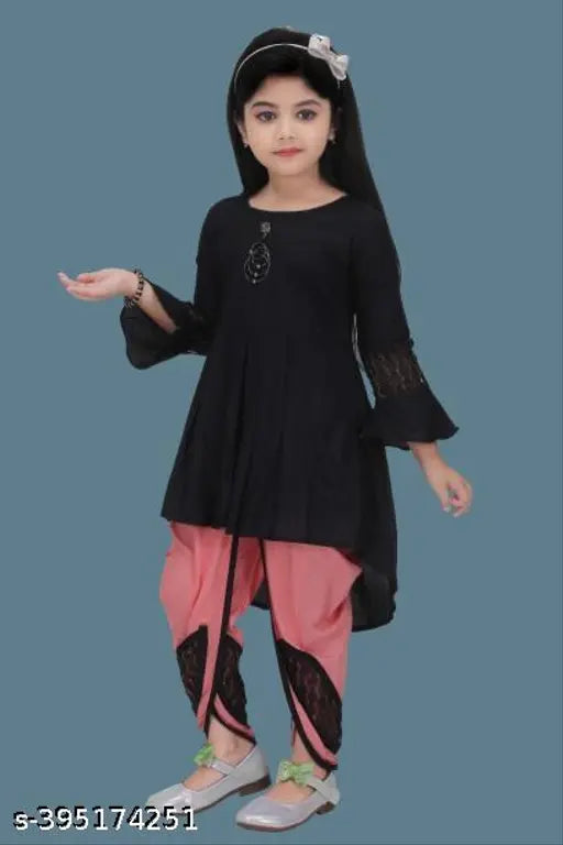Black and peach Rayon embellished net party dhoti kurta set for girls