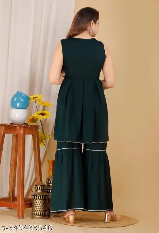 Green Rayon Kurta Set with Sharara and Dupatta: Embroidered A-line style for festive, daily, or casual wear