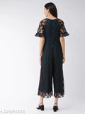 Black polyester v-neck jumpsuit with self-design net pattern, short sleeves, contrast lace detailing, and buckled waistband. Made in India