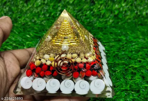 Red & White Chirmi seed adorned, Black Tourmaline hung Gomti Chakra Shree Yantra Pyramid - Natural Orgone Feng Shui showpiece for wealth, prosperity, success