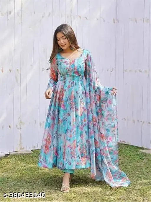 Georgette printed full-length ankle skirt with dupatta, Indian fashion belt and drape