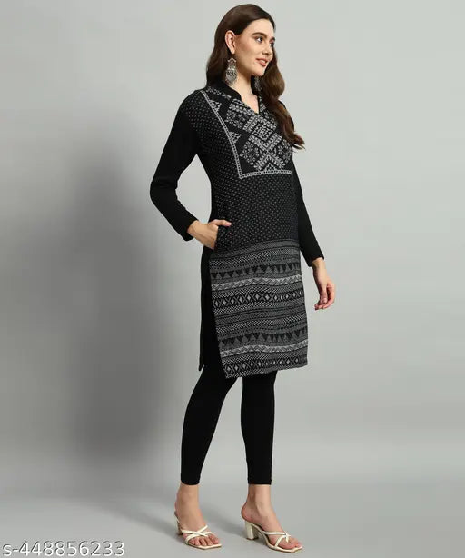 Women's wool three-quarter sleeve printed kurta, single size M-XL, Indian craftsmanship