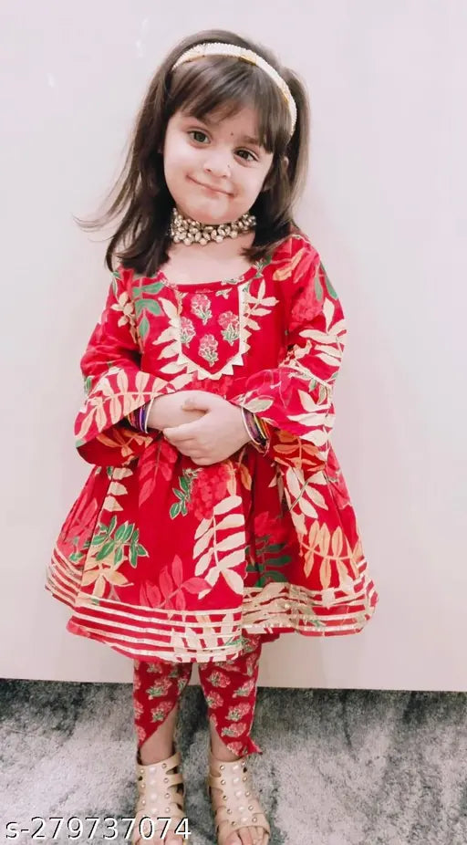 Cotton Cambric printed Anarkali frock & dhoti set for 12-18 Months, vibrant floral design, India origin