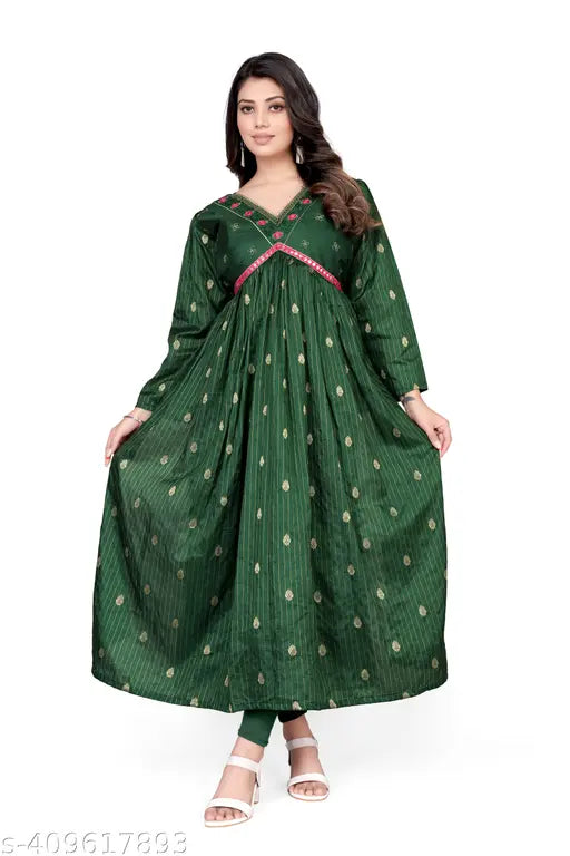 Green jacquard embroidered pleated maxi dress with long sleeves - Indian boutique design for parties & events