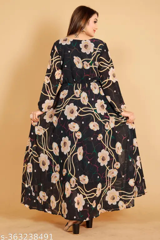 Black Georgette Anarkali floral full sleeve kurti, digital printed, premium quality, India