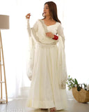 Premium quality chanderi silk anarkali with dupatta set and pent dress, perfect for upcoming festivities and weddings. Single-colored, full length kurti with three-quarter sleeves