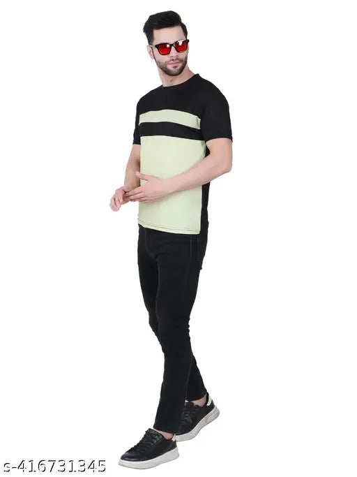 Black polyester striped half-sleeve t-shirt combo, featuring three sets of black body with pink, white, and light green colors for men