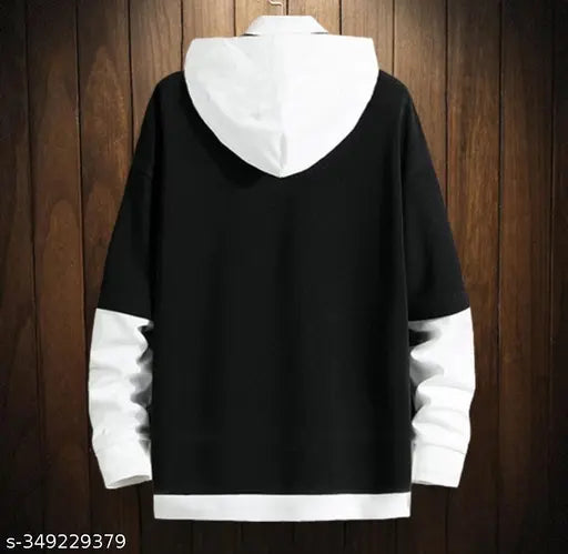 Black and white wool hoodie for boys (10-16 years), solid pattern design on display