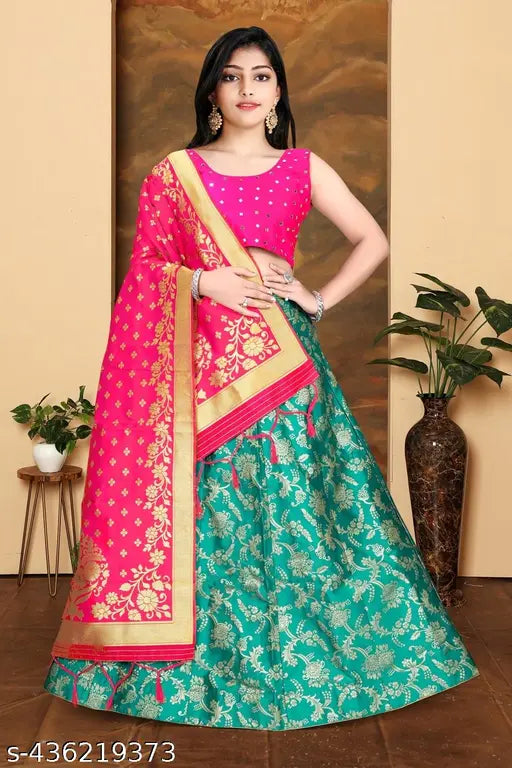 Soft silk lehenga, art silk dupatta, traditional wear collection for girls aged 8-15 years and free size, crafted with Banarasi Jacquard Silk and brocade fabric, paired with matching jewelry and heels or flats. Indian origin