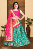 Soft silk lehenga, art silk dupatta, traditional wear collection for girls aged 8-15 years and free size, crafted with Banarasi Jacquard Silk and brocade fabric, paired with matching jewelry and heels or flats. Indian origin
