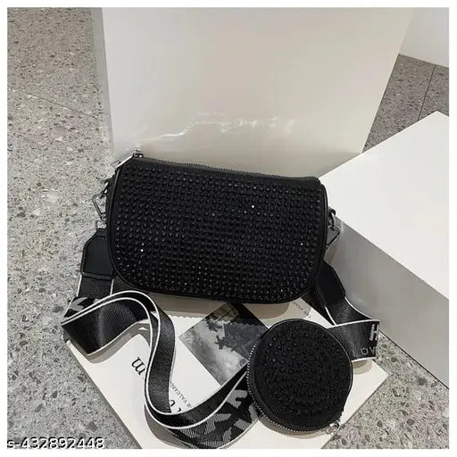 Faux leather rhinestone sling bag with coin pouch, detachable crossbody strap. Sparkling evening clutch handbag for women." (104 characters)